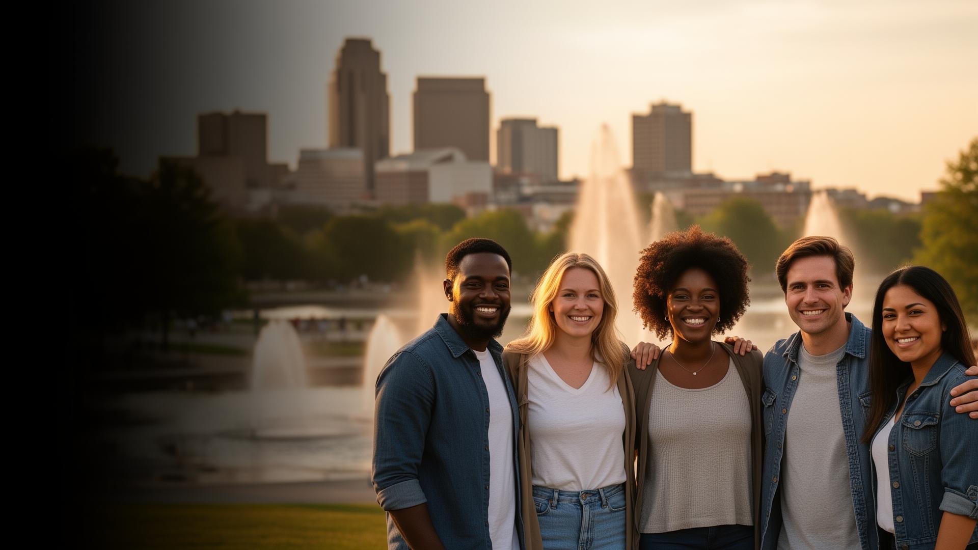 Downtown Dayton skyline at sunset with RiverScape MetroPark fountains