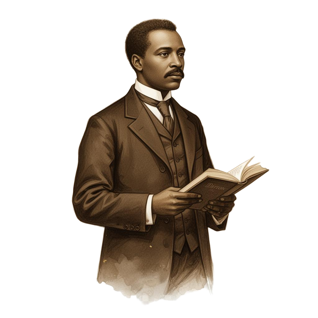 Illustrated portrait of Paul Laurence Dunbar, Dayton's celebrated poet, standing with an open book of poetry